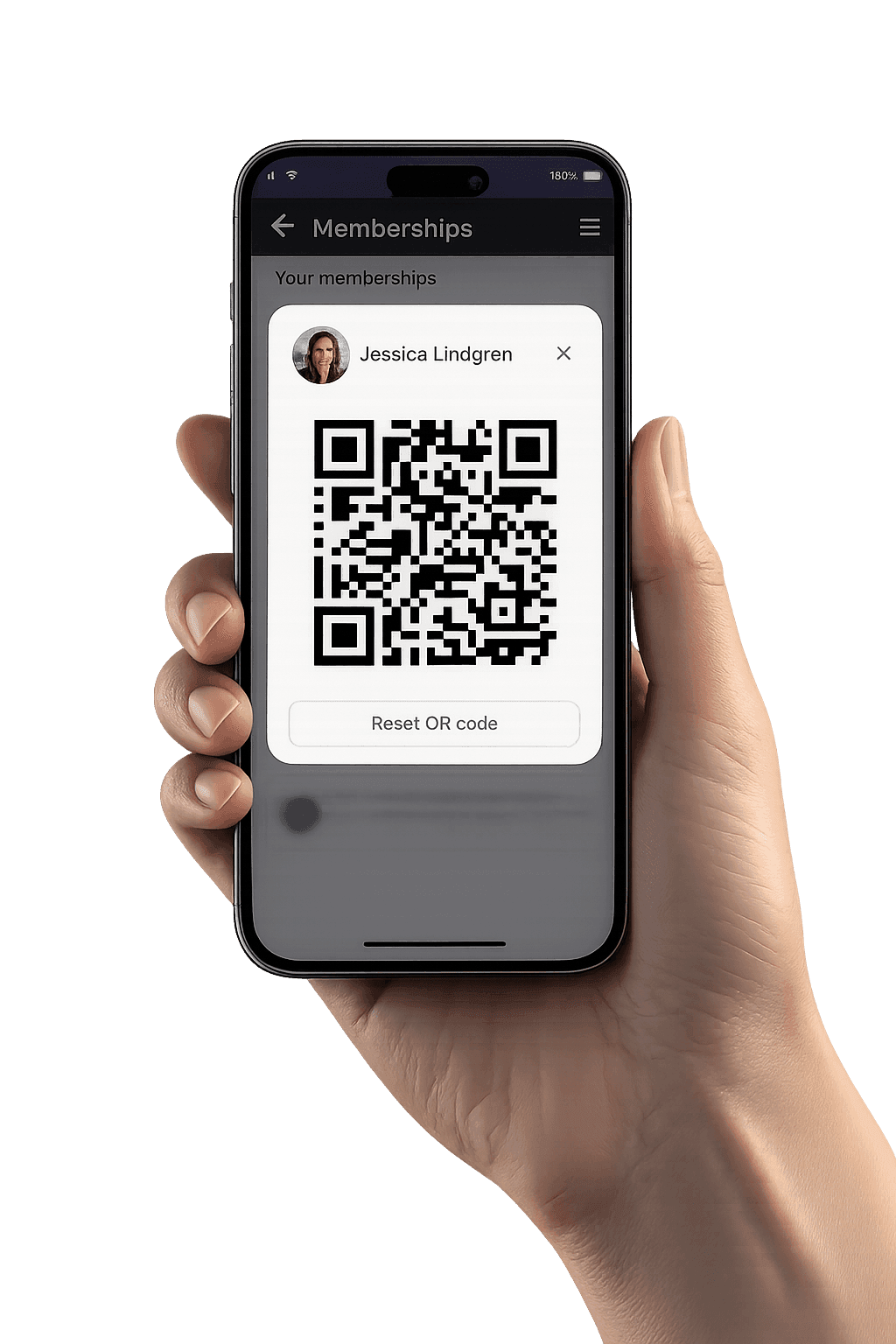 Hand som håller en mobil med ett digitalt medlemskort och QR-kod